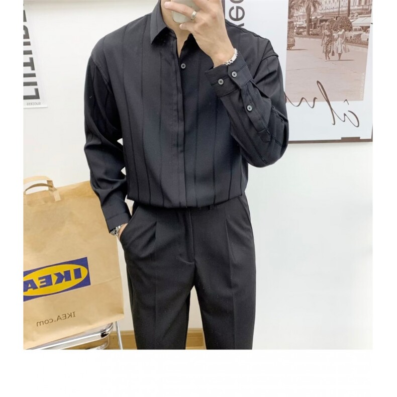 GS513P45男士纯色条纹长袖衬衫日系港风宽松商务休闲衬衣,男装衬衫,星座1108-5