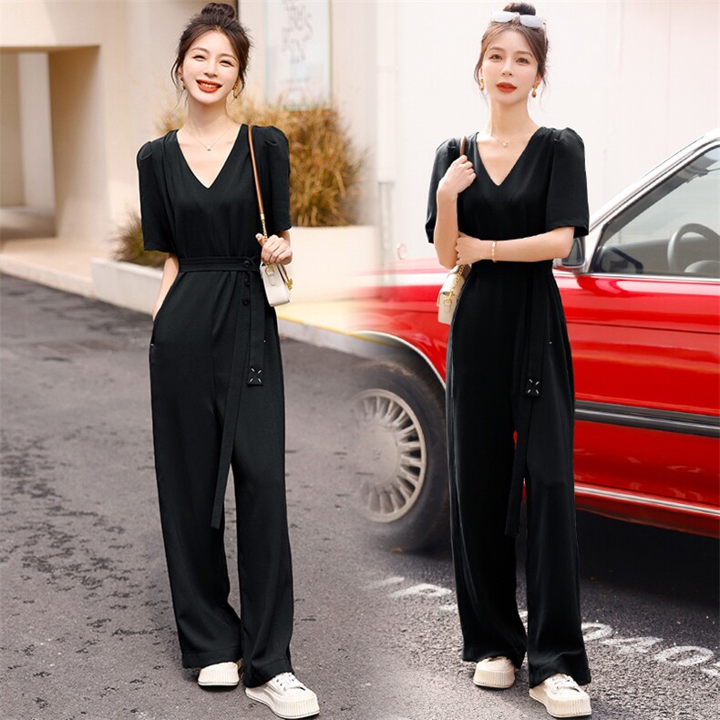 2023年夏季简约自然腰V领女装纯色腰带装饰短袖连体长裤时尚潮流,女装连体裤,微微衣阁