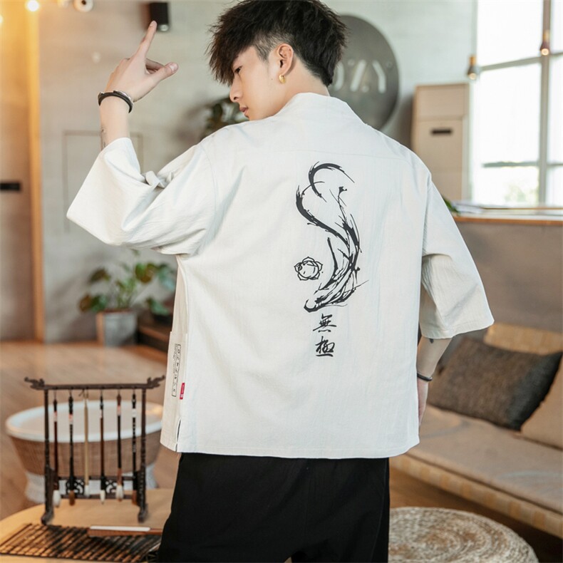 F70P45咖啡厅2024春夏装新款风大码宽松七分袖汉服开衫外套,男装T恤,电商A026