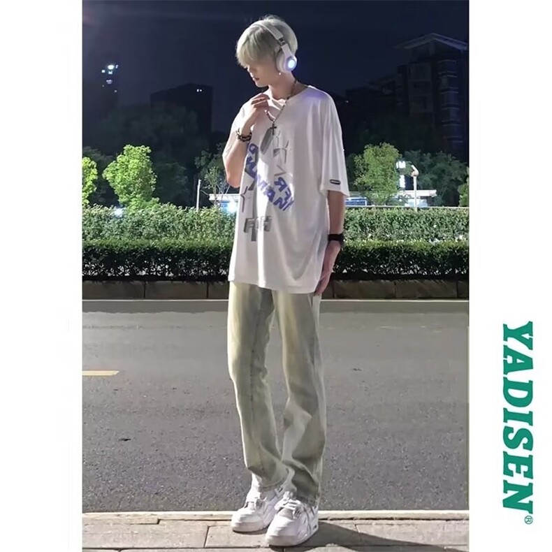 黄泥微喇叭牛仔裤男春秋季潮流百搭大码潮牌直筒修身美式高街裤子图片