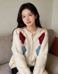 2026年秋季时尚百搭通勤简约休闲提花菱形格开衫，女装羊毛衫，美轩羊绒