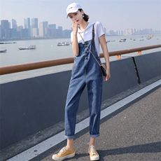 裤子2021年夏季常规九分裤口袋韩版背带，女装牛仔裤，秋水欣儿