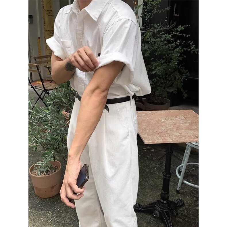 夏季日系白色短袖衬衫女男情侣装2025新款夏装文艺简约休闲衬衣服,男装衬衫,星座506A