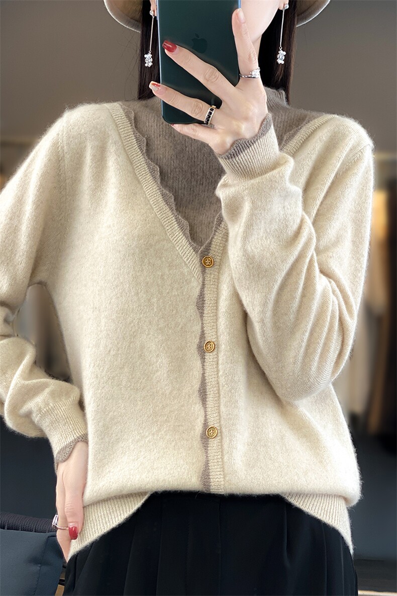 23秋冬新款100开衫女V领拼色花边宽松外套毛衣羊毛针织上衣,女装羊毛衫,朝辰羊绒