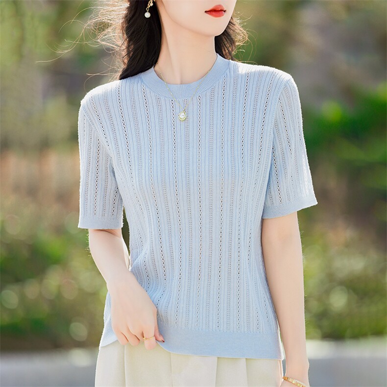 2025春夏新款精纺羊毛女士圆领麦穗花纹T恤套头显瘦时尚针织短袖,针织衫/毛衣,鹿一羊绒