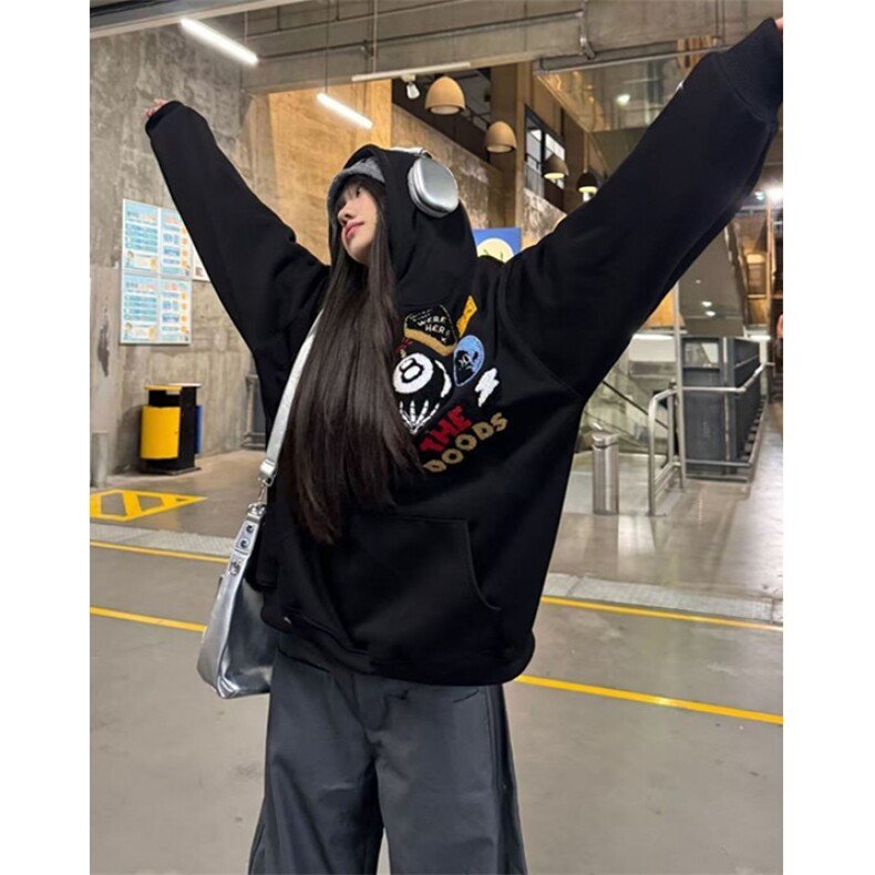 原创美式刺绣植绒徽章加绒连帽卫衣男女宽松加厚高街上衣W1040,男装卫衣,星座1116A（原606A-3）