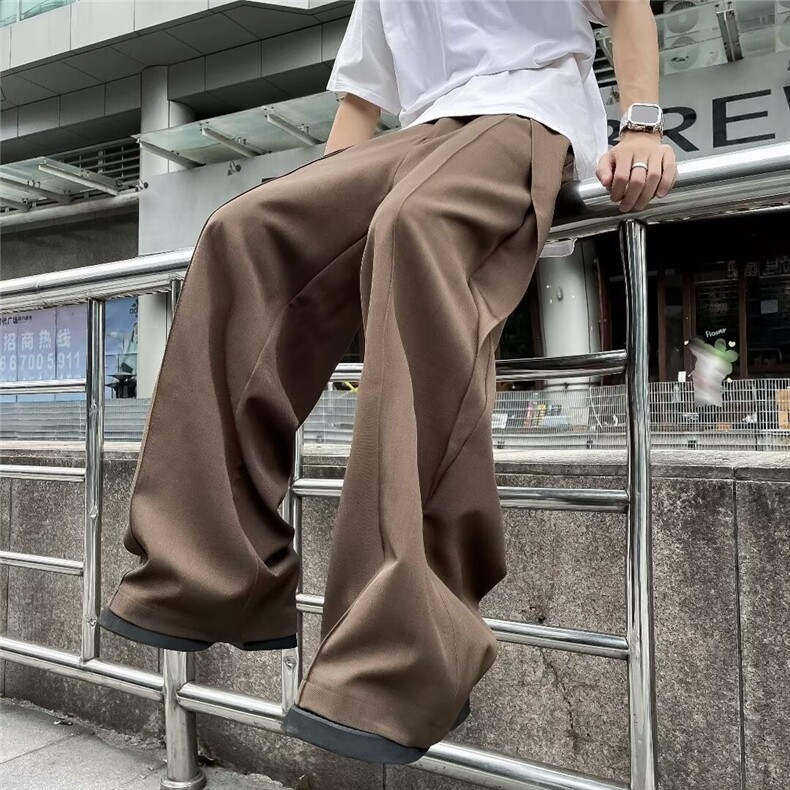 新中式复古垂坠感抽褶日系小众拼接设计感阔腿裤拖地堆叠西裤男女，男装西裤，星座601-2