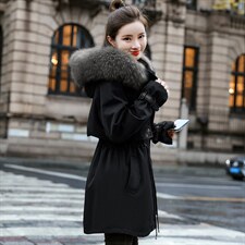 棉衣/棉服2023新款冬仿羊羔毛中长款工装带帽派克服女外套配毛领，女装派克服，瑶迪依秀