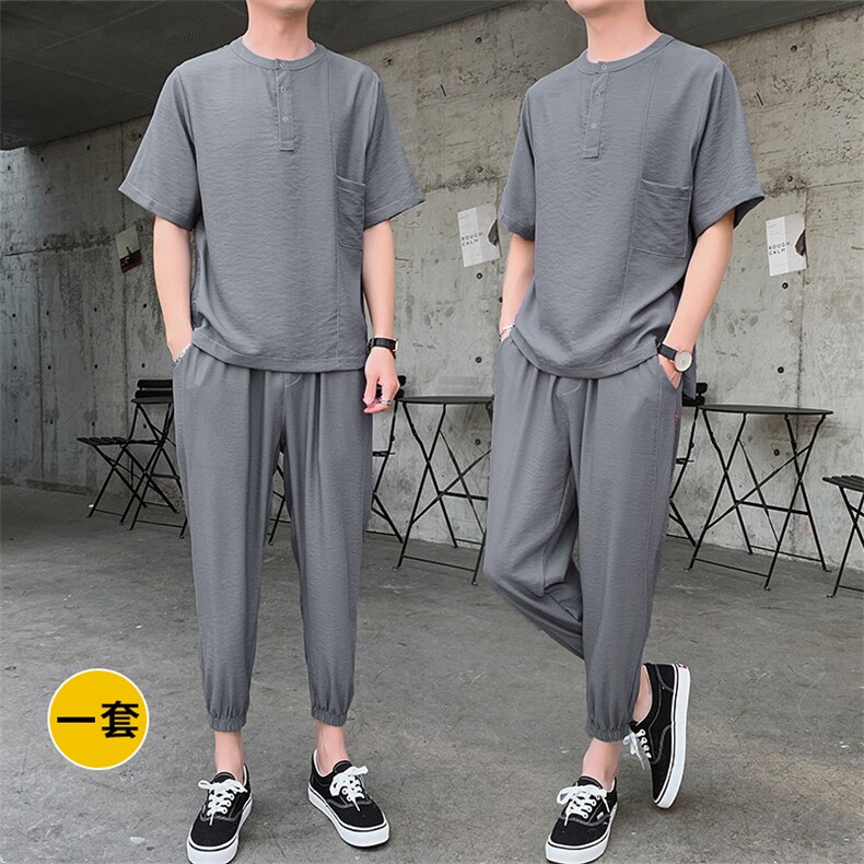 男士夏季潮流套装短袖T恤青少年运动服九分裤两件套男DS405T,男装T恤,电商A102