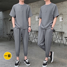 男士夏季潮流套装短袖T恤青少年运动服九分裤两件套男DS405T，男装T恤，电商A102