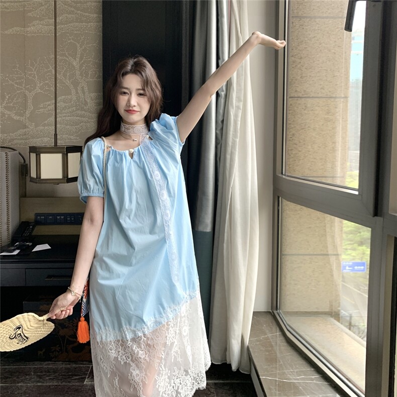 蓝色衬衫连衣裙女夏季2025新款高级感超好看宽松减龄网纱拼接裙子,女装连衣裙,2C353