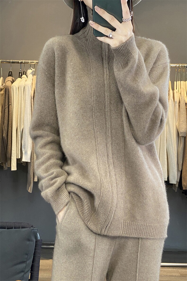 时尚百搭女士羊毛拉链开衫羊毛纯色休闲宽松毛衣外套,女装羊毛衫,暮绒羊羊绒