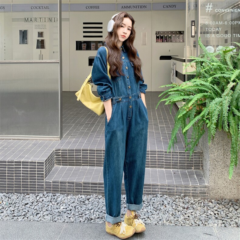 港风牛仔连体裤女2025长袖春秋新款高级时尚连身裤宽松工装连体裤,女装连体裤,2D076