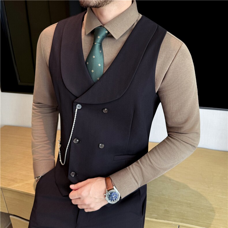 伴郎兄弟装高级感双排扣青果领西装马甲男暗条纹背心DMJ8068-P65,男装背心/马甲,电商A213