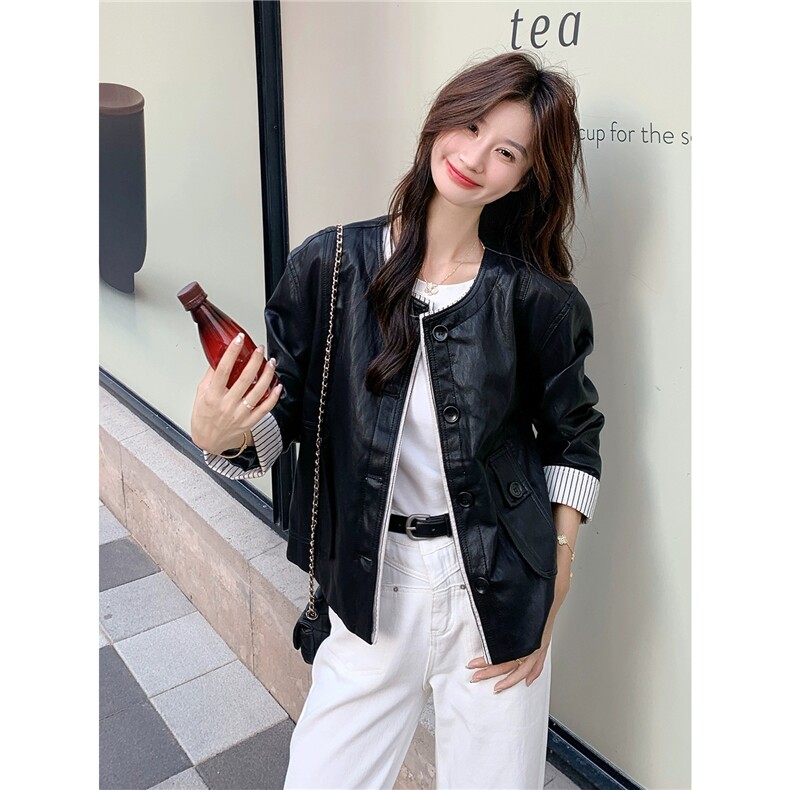 2025小个子黑色无领皮衣外套女秋季图片