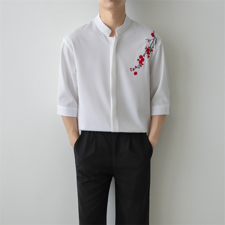 小伙立领纯色衬衫男休闲宽松风刺绣衬衣轻熟风A236-82571-P55,男装衬衫,电商A236