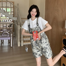 国风水墨画背带短裤套装女2025夏季新款时尚减龄小个子T恤两件套，女装套装/套裙，慧尚2-185