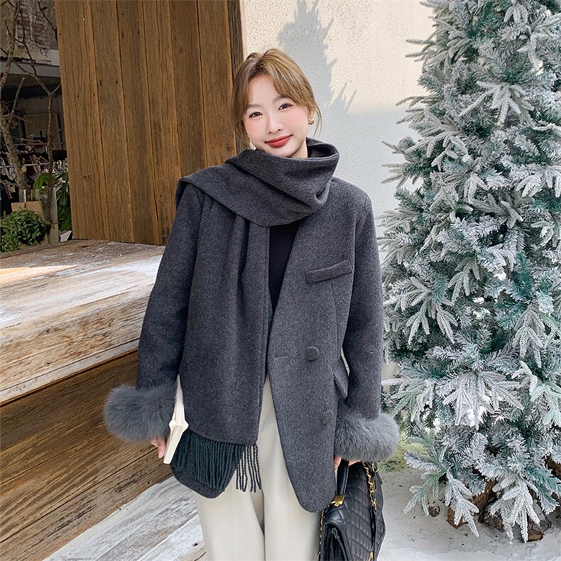 狐狸毛羽绒内胆厚毛呢外套配围巾4429-P270-K398,女装羽绒服,2C126