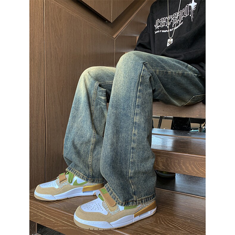 美式ins高街hiphop重工艺水洗微喇复古蓝牛仔裤货号K2320P55控78,男装牛仔裤,电商A063