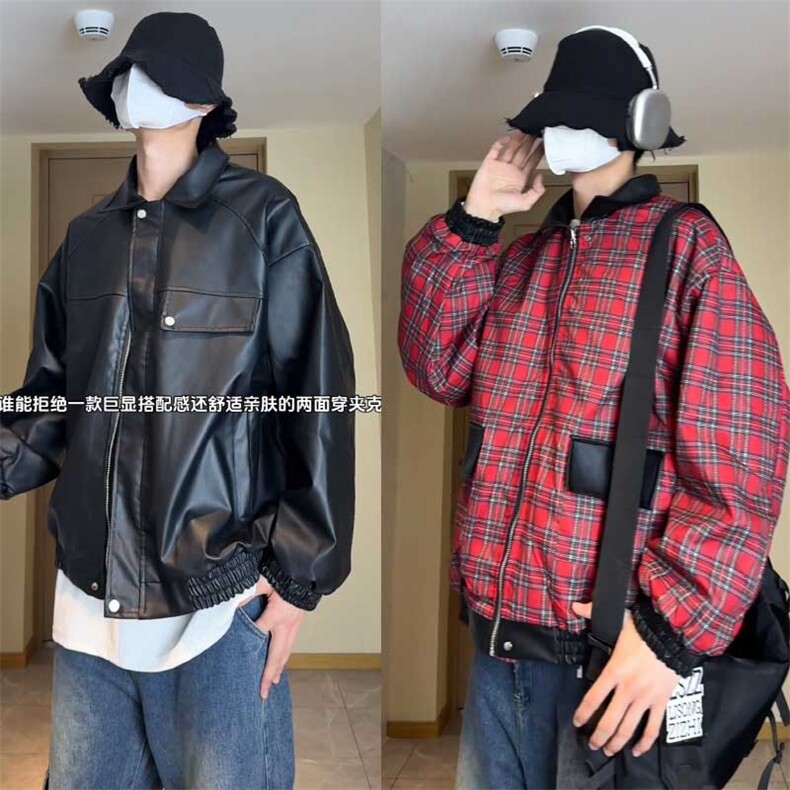 特批70秋冬数据双面穿格子皮夹克美式翻领百搭休闲服MF1056,男装夹克,电商A128