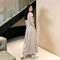 时尚气质套装裙女夏新款圆领褶皱设计感短袖上衣半身长裙两件套潮，女装套装/套裙，江南