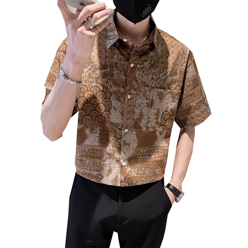 印花短袖衬衫男士社会小伙潮流半袖微宽松衬衣TZ93P50控78,男装T恤,电商B413