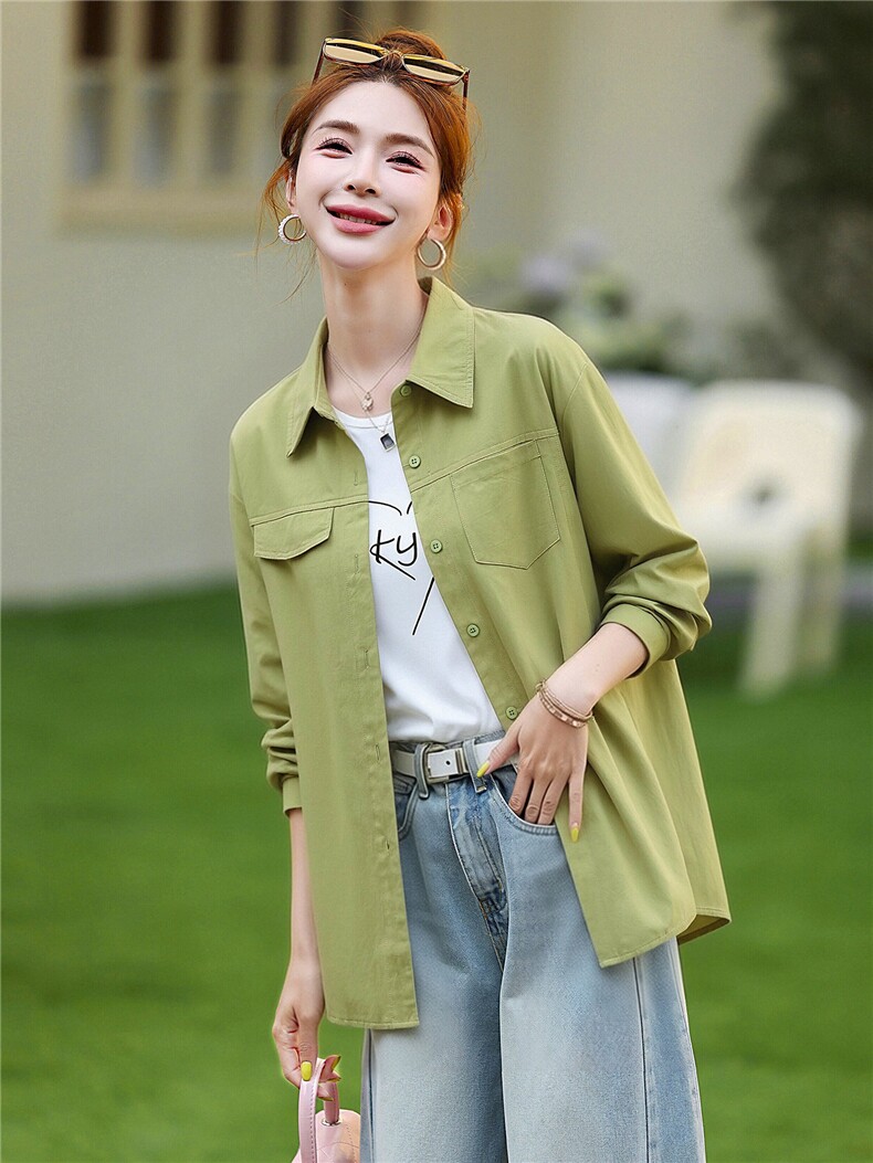衬衫女春秋棉纯色简约百搭外套,女装衬衫,芙芮