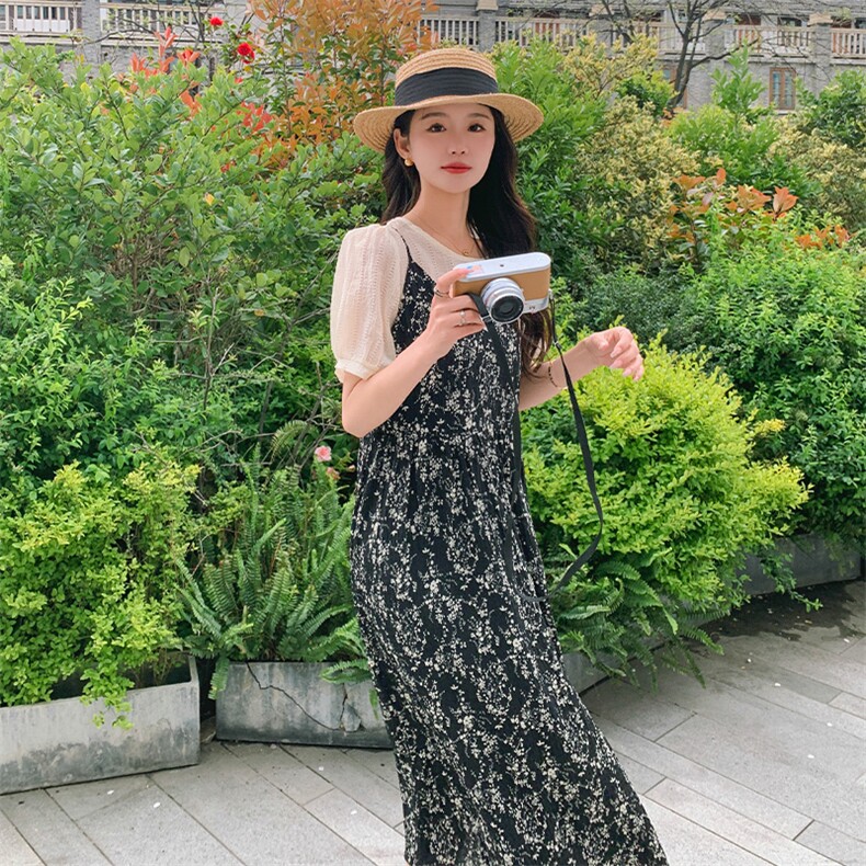 法式复古吊带连衣裙女夏季2025新款气质雪纺碎花长裙子图片