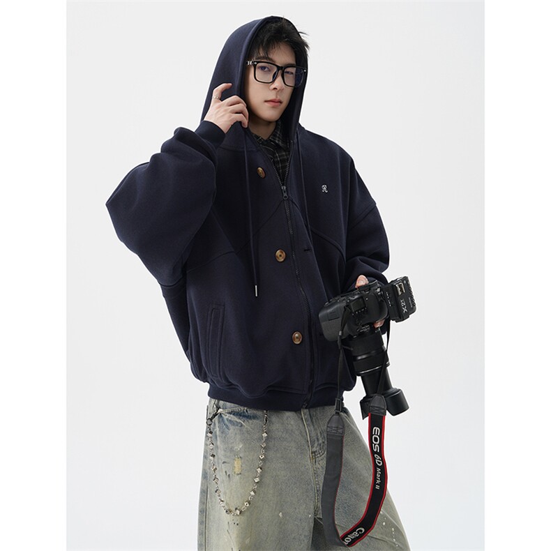 秋冬新款高品质藏青色连帽卫衣外套男美式宽松设计感小众WY23P78,男装卫衣,电商D206-1