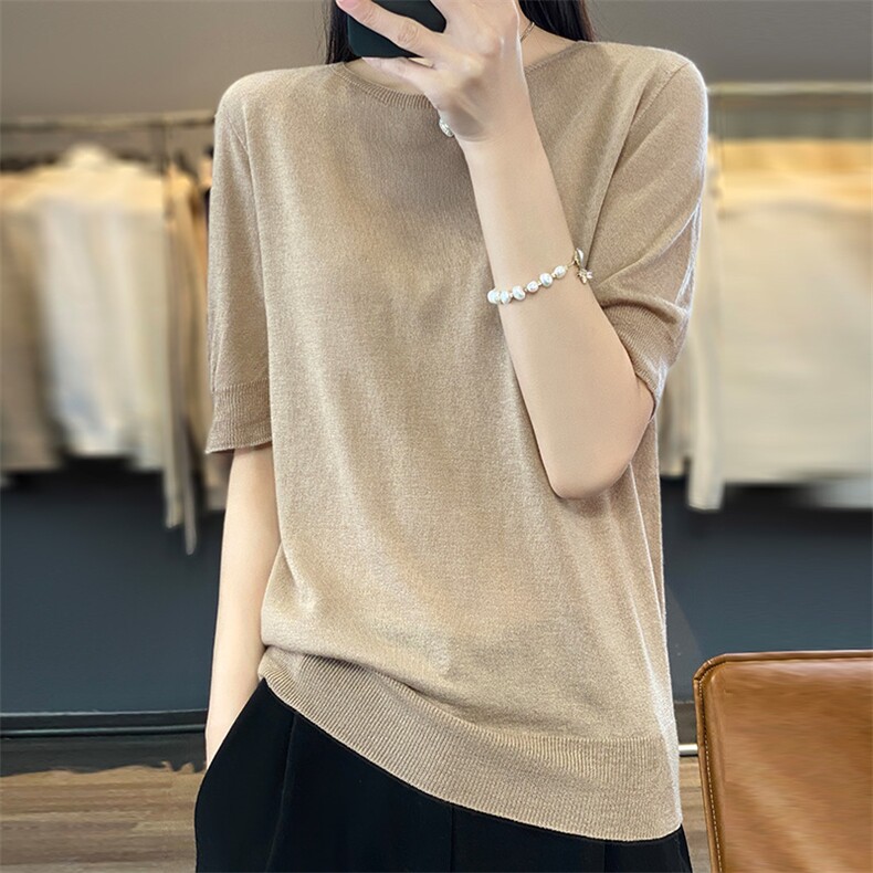 短袖针织衫女薄款夏短款宽松外穿上衣纯色半袖打底小衫,女装T恤,越洋羊