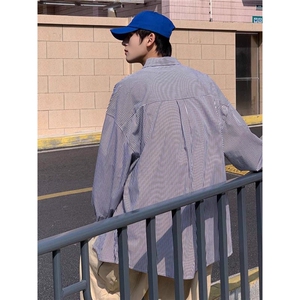 港风秋款男女衬衫竖条纹宽松休闲长袖衬衣加大码S-4XL CT22 P38图片