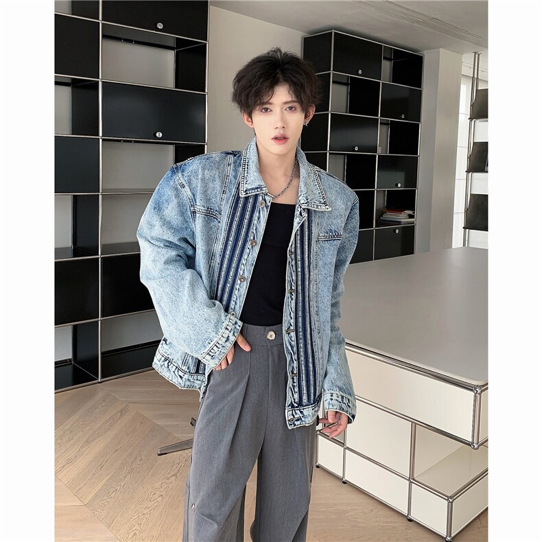 【有货】美式复古垫肩牛仔外套男款潮牌条纹夹克J7009CC-特P70,男装夹克,星座1007（原301D）
