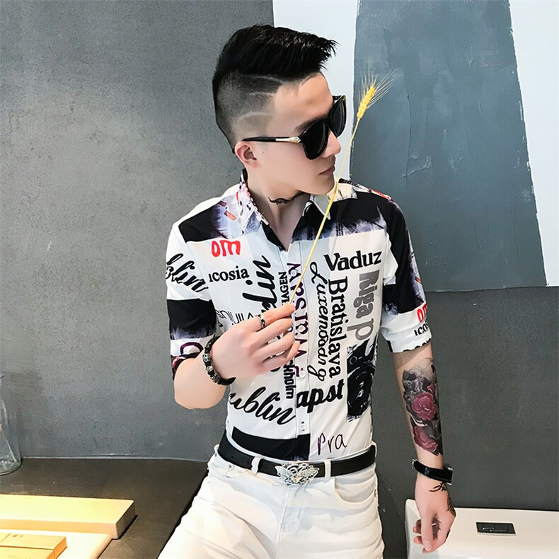 312A-902-P50新款社会小伙中袖衬衫韩版潮流男士五分袖衬衣B,男装T恤,星座312A-5