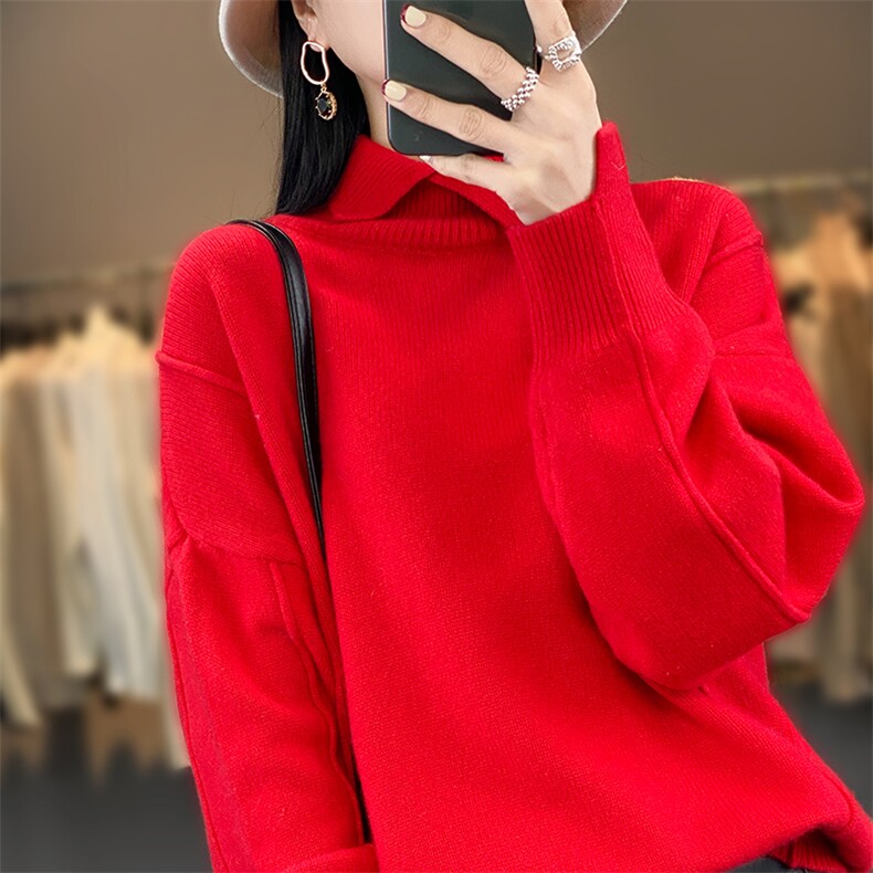 女士秋冬季新款七针加厚小翻领羊毛衫,女装羊毛衫,奢优羊绒
