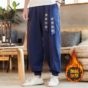 2020冬季新款男装中国风宽松加绒加厚休闲裤刺绣哈伦裤蓝 K30-P75图片