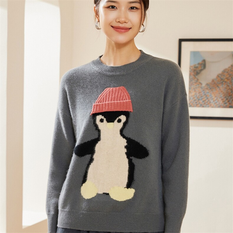 时尚可爱企鹅图案宽松圆领时尚百搭通勤羊绒衫,女装羊绒衫,澳冬特羊绒