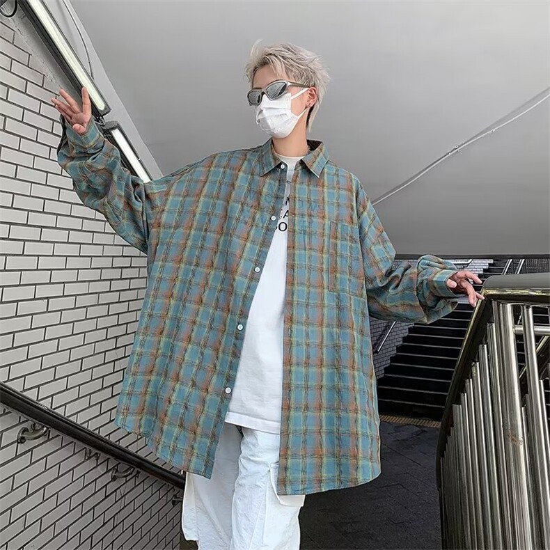 格子衬衫男女同款ins潮牌宽松痞帅长袖格纹衬衣C126-P40图片