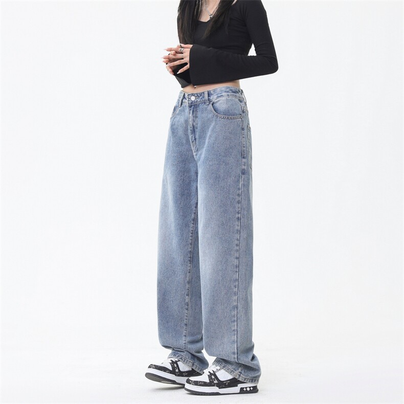 现货秋季新款纯色复古港风宽松直筒裤子休闲裤男女长裤拖地牛仔裤，男装牛仔裤，星座302B-2