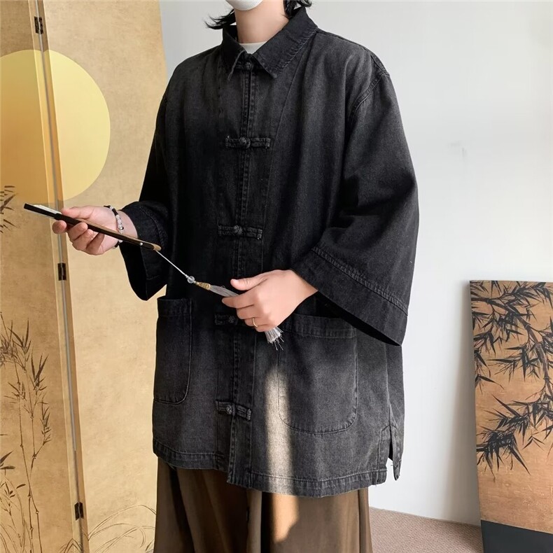 新中式复古水洗牛仔短袖衬衫男女款日系风衬衣外套潮~NC986,男装衬衫,星座601-2