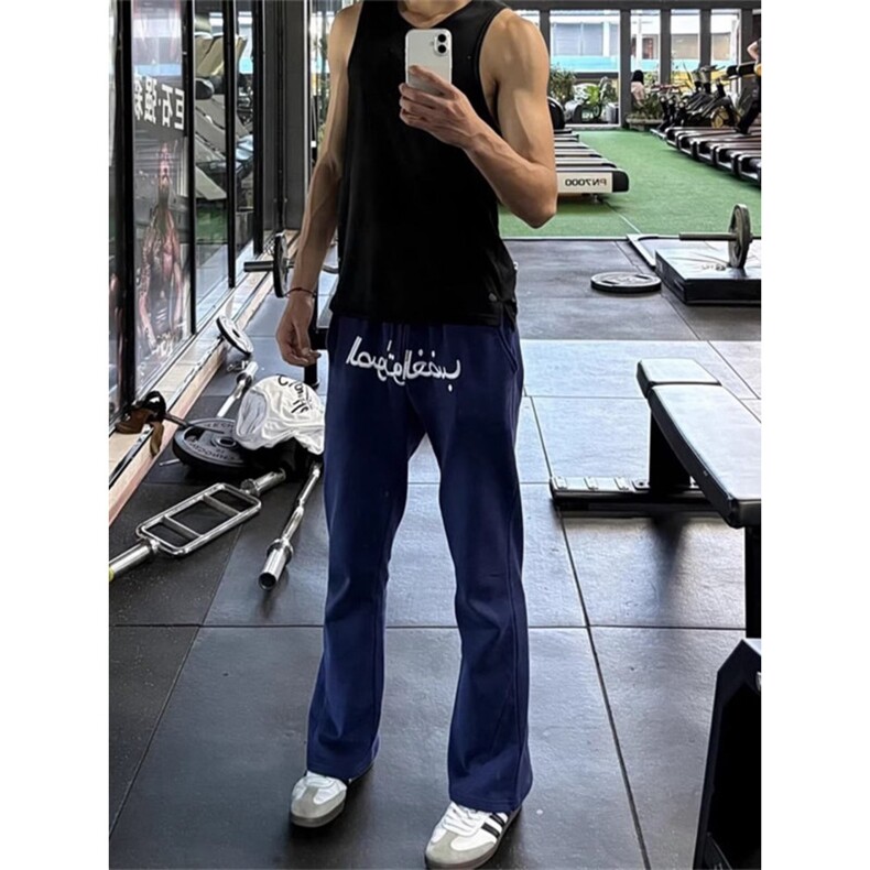 藏青色阿拉伯文裤子男款美式健身篮球运动卫裤直筒微喇裤HW39P45,男装休闲裤,星座1112-1