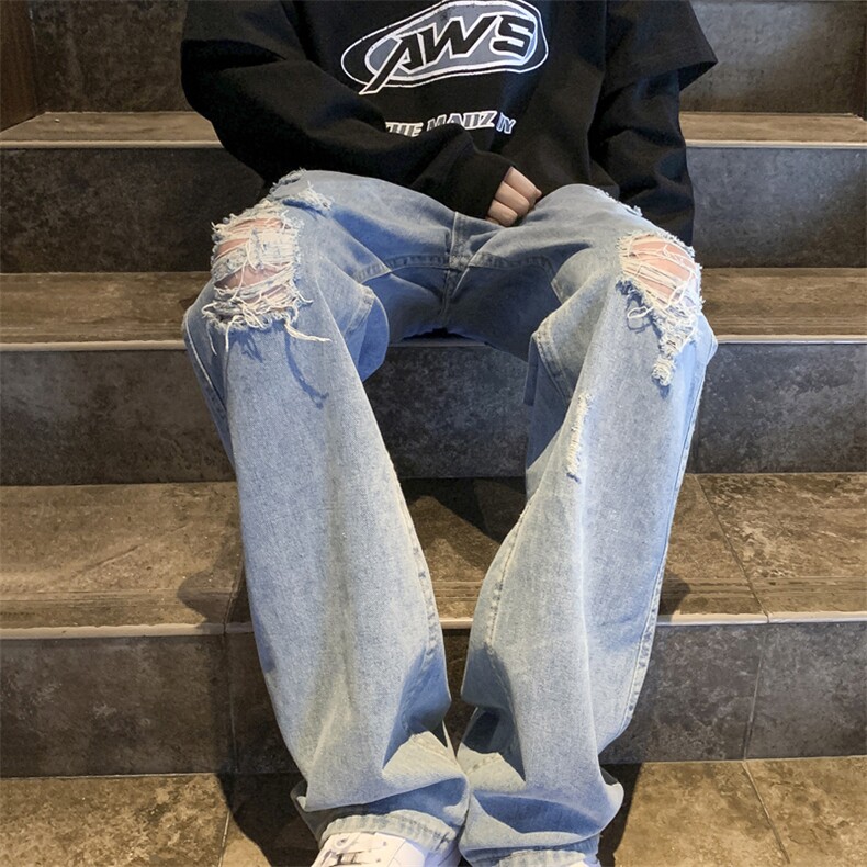 破洞牛仔裤男女春秋美式水洗做旧街头宽松直筒休闲长裤N00212-P43图片