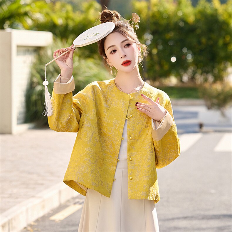 高级感黄色新中式圆领国风外套女2025春秋季新款复古优雅唐装上衣,女装短外套,依如秀(原杭风阁)