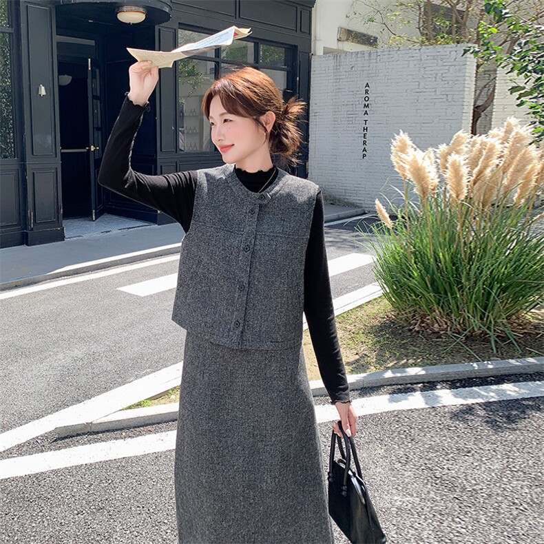 灰色高级感小香风马甲套装裙女2025秋季复古气质轻熟风毛呢三件套,女装套装/套裙,纯色衣恋