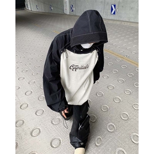 美式复古连帽卫衣24春季新款抽绳拼接套头外套 XZ514-2-20246-P88图片