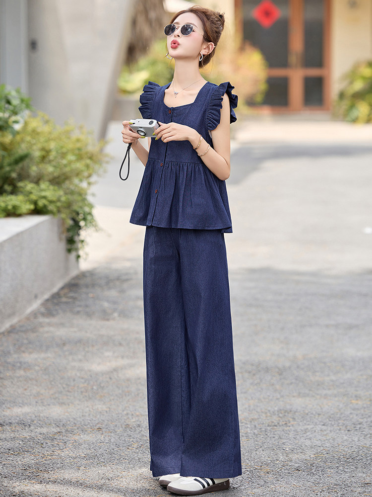 天丝牛仔套装女夏小飞袖2025新款今年流行爆款时尚阔腿裤两件套,女装套装/套裙,冬木谷雨