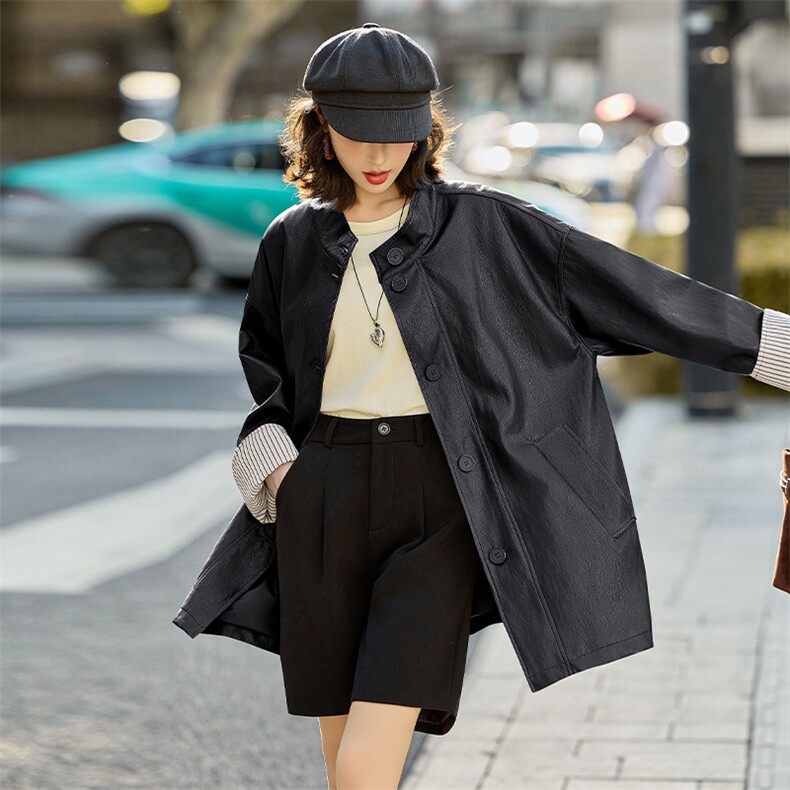 时髦皮衣外套女2025春秋新款休闲气质宽松立领PU皮夹克高级感上衣,女装皮衣,潮流依族