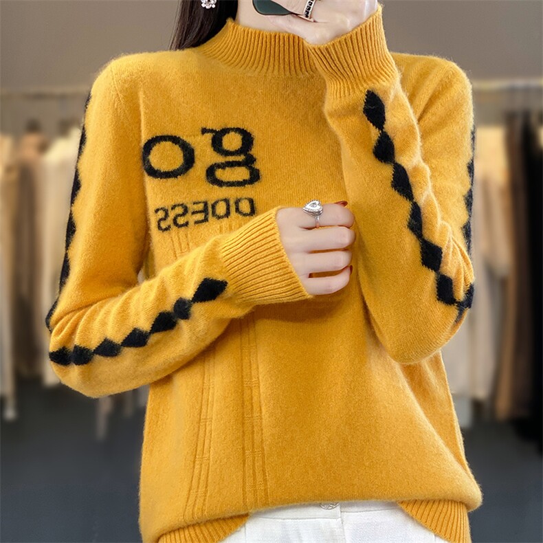 字母印花羊毛衫女2024秋冬新款圆领宽松显瘦长袖套头,女装羊毛衫,蒙特羊绒