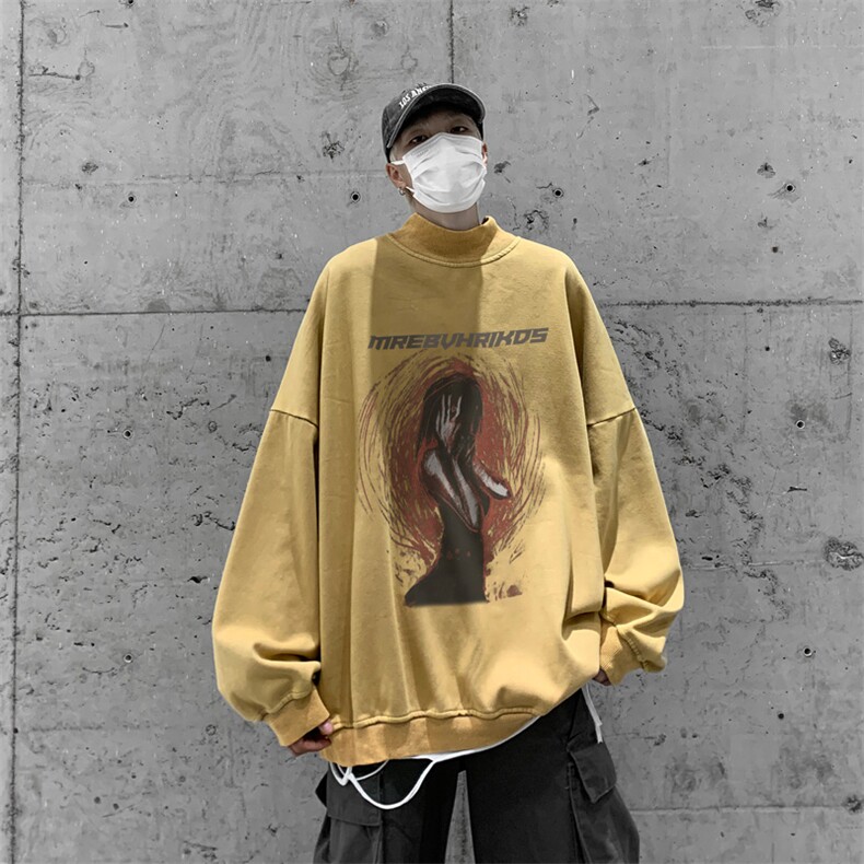 水洗做旧加绒加厚卫衣男23冬高领人物印花打底衫XZ514-2-X57-P78,男装T恤,星座514-2(原B239)