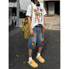 美式复古创意薯条热狗毛巾绣牛仔短裤夏季男女高街直筒宽松五分裤，男装牛仔裤，星座506A