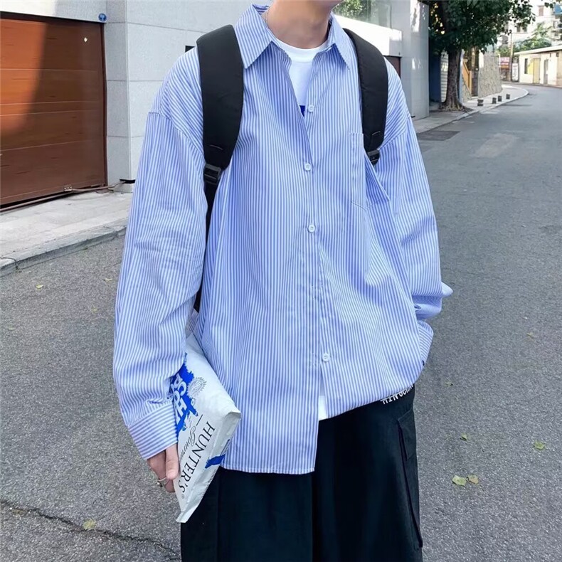 新款浅蓝色条纹衬衫男秋季长袖宽松港风休闲内搭潮流衬衣男士外套,男装衬衫,星座506A